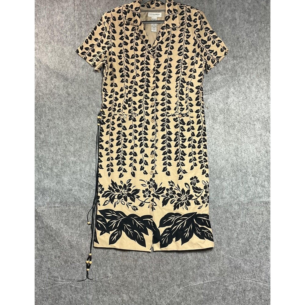 Vintage Dress Womens 12 Beige Floral Linen Blend Button Front Midi Vacation